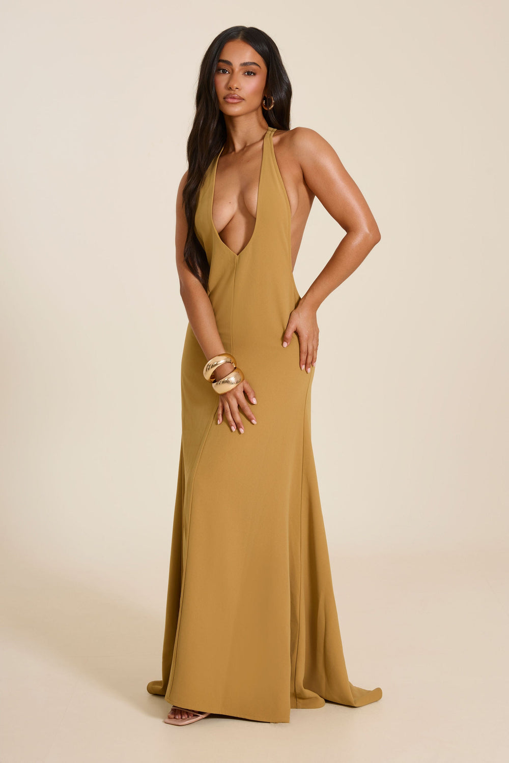 The Lux Backless Full Length Maxi Dress in Olive