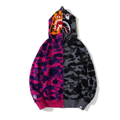 BAPE Fall Winter Shark Split Purple Black‑Grey Camo Full‑Zip Hoodie