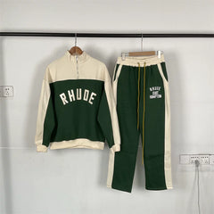 RHUDE American color blocked autumn and winter velvet sports and leisure suit for men and women, loose half zip top, loose sweatpants (4)