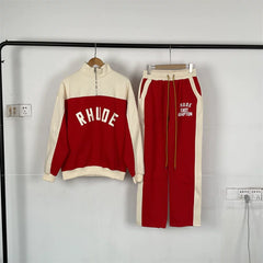 RHUDE American color blocked autumn and winter velvet sports and leisure suit for men and women, loose half zip top, loose sweatpants (1)