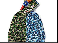 BAPE Fall Winter Shark Split Green Blue Camo Full‑Zip Hoodie