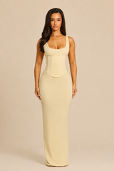 The Sandra Scoop Corset Maxi Dress in Butter Yellow