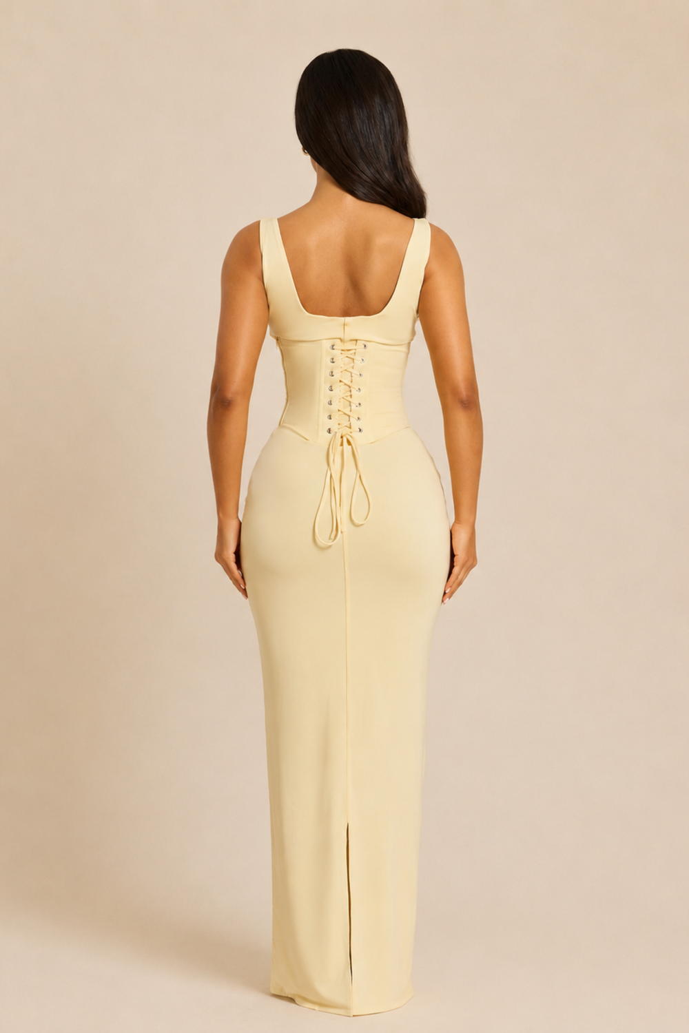 The Sandra Scoop Corset Maxi Dress in Butter Yellow