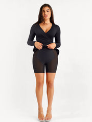 Shapewear Ruched Long Sleeve Faux Wrap Slimming Midi Dress
