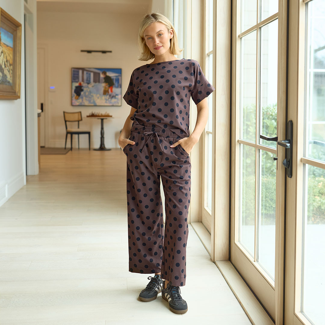 Audrey Mid Rise Wide Leg Pants, Black Cocoa Dot