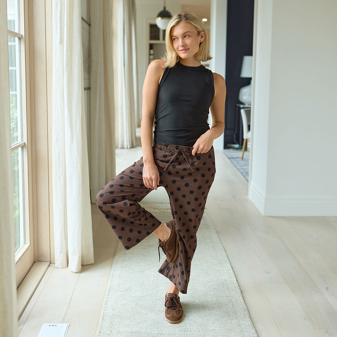 Audrey Mid Rise Wide Leg Pants, Black Cocoa Dot
