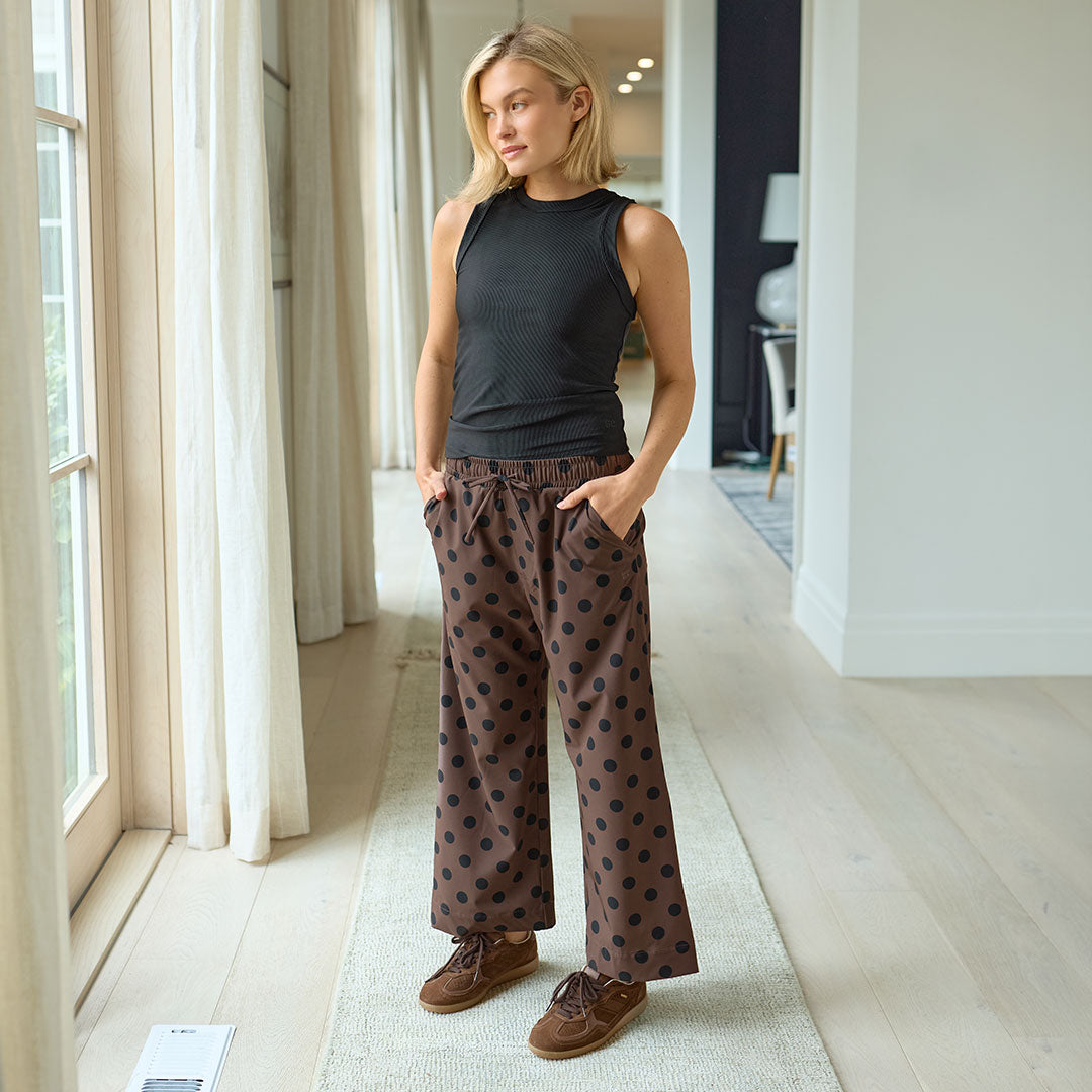 Audrey Mid Rise Wide Leg Pants, Black Cocoa Dot