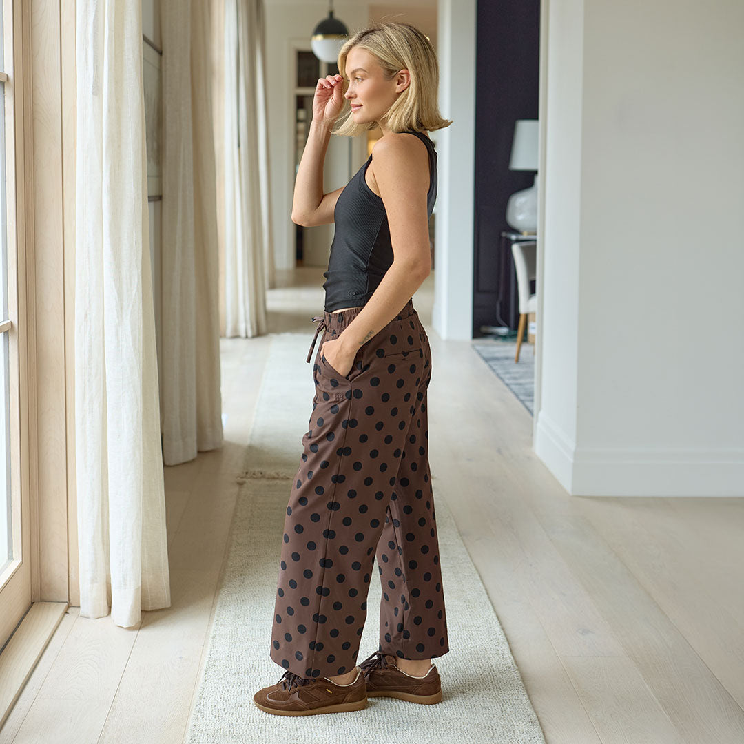 Audrey Mid Rise Wide Leg Pants, Black Cocoa Dot