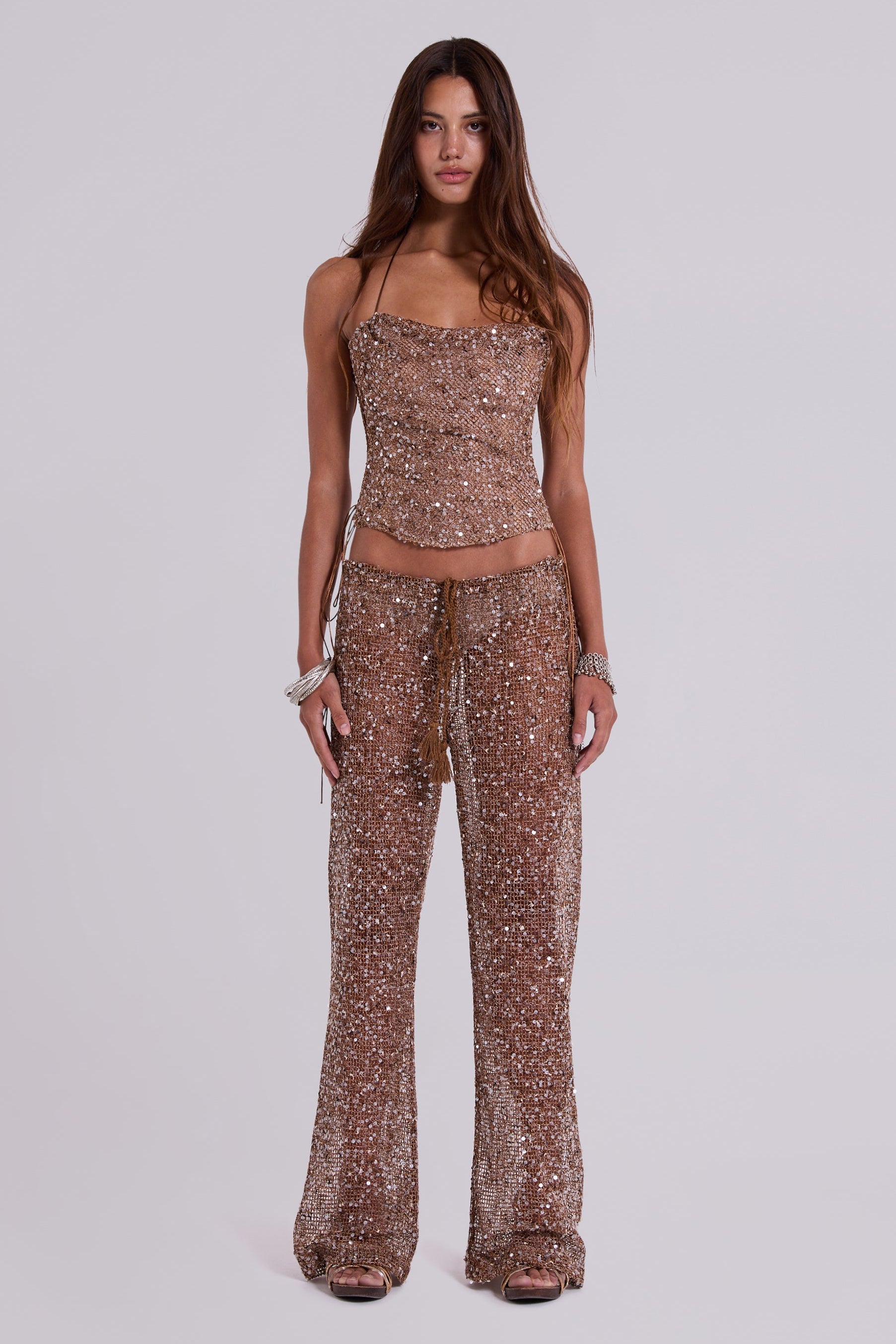 Deva Sequin Knit Trousers in Sand