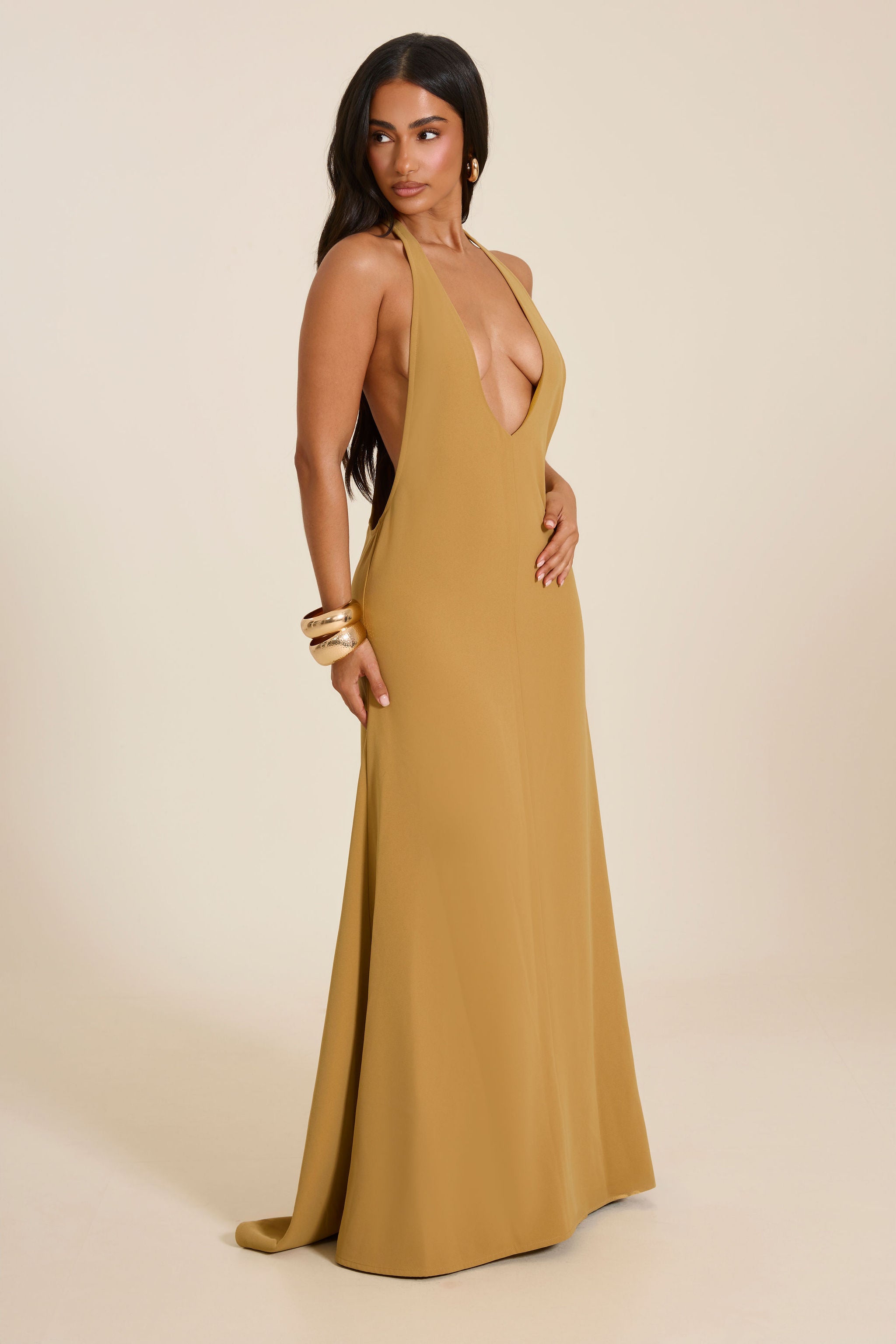 The Lux Backless Full Length Maxi Dress in Olive