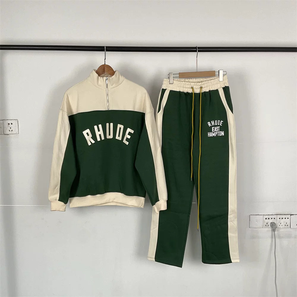 RHUDE American color blocked autumn and winter velvet sports and leisure suit for men and women, loose half zip top, loose sweatpants (4)
