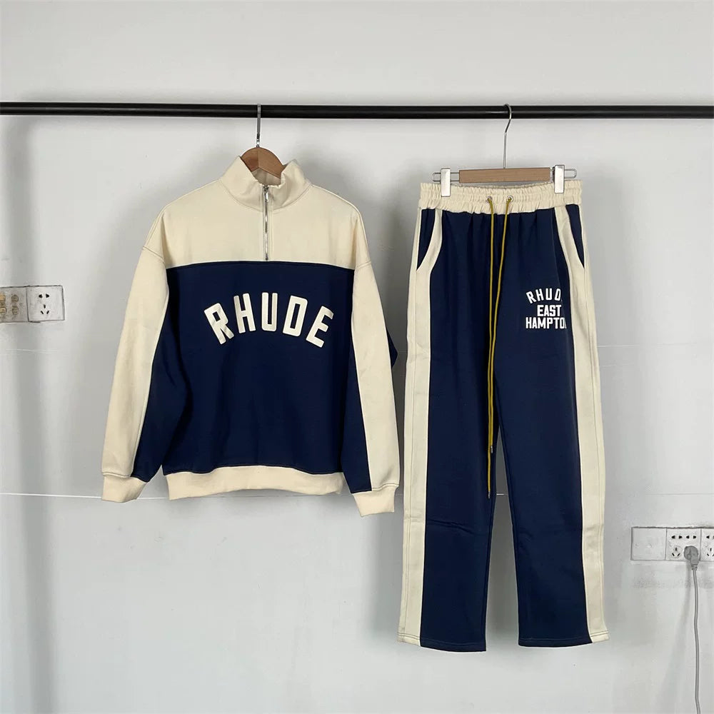 RHUDE American color blocked autumn and winter velvet sports and leisure suit for men and women, loose half zip top, loose sweatpants (2)