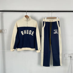 RHUDE American color blocked autumn and winter velvet sports and leisure suit for men and women, loose half zip top, loose sweatpants (2)