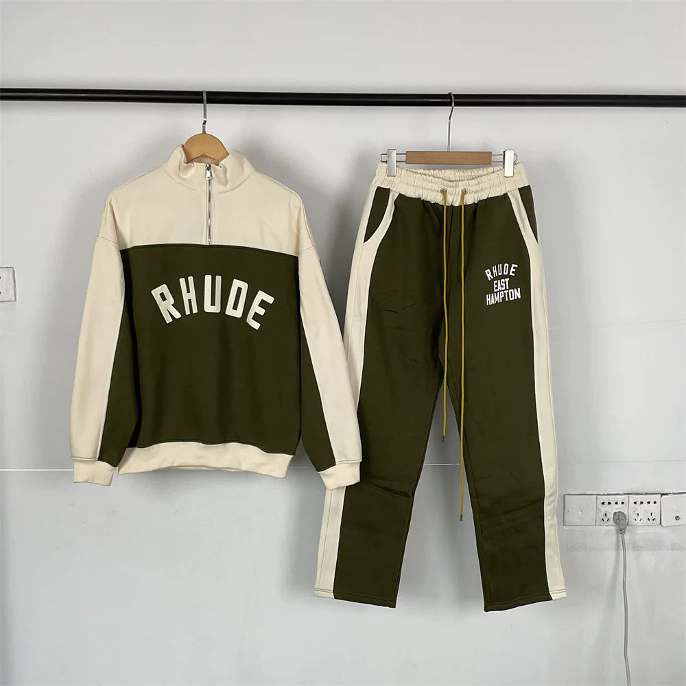 RHUDE American color blocked autumn and winter velvet sports and leisure suit for men and women, loose half zip top, loose sweatpants (3)