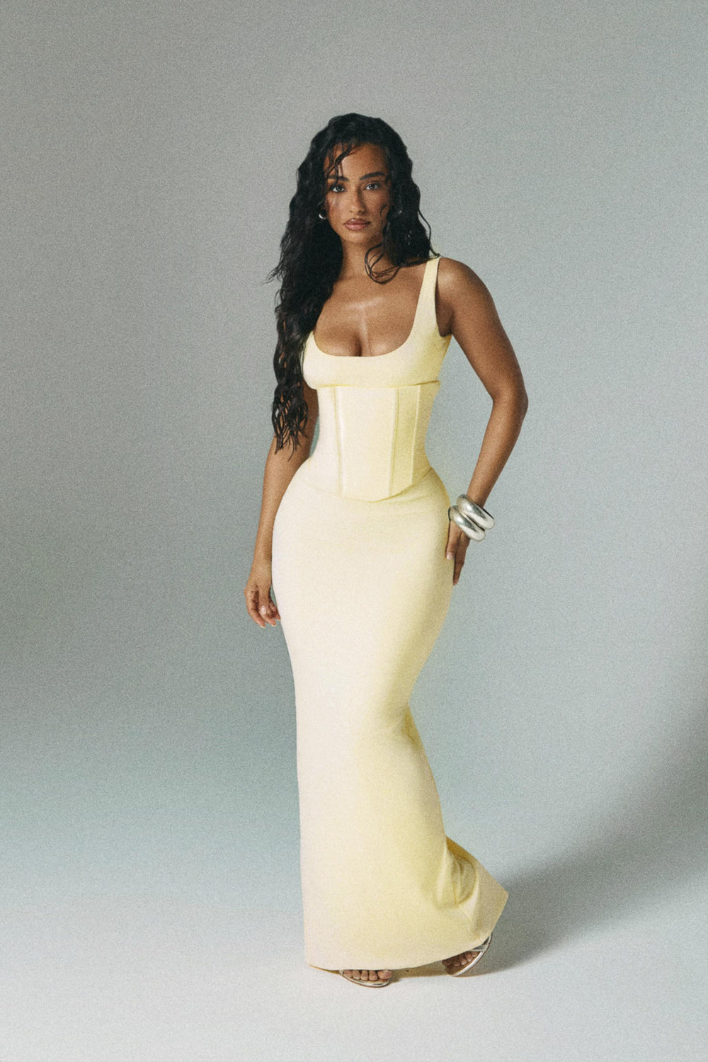 The Sandra Scoop Corset Maxi Dress in Butter Yellow